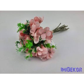   Hortenzia 10 ágú köteg mű eukaliptusszal 25cm - Barackos Rózsaszín