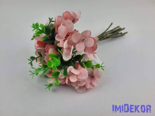 Hortenzia 10 ágú köteg mű eukaliptusszal 25cm - Barackos Rózsaszín