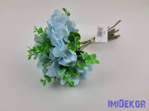 Hortenzia 10 ágú köteg mű eukaliptusszal 25cm - Halvány Kék