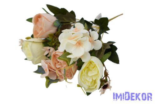 Peónia + hortenzia 6 ágú selyemvirág csokor 31cm - Krém-Barack