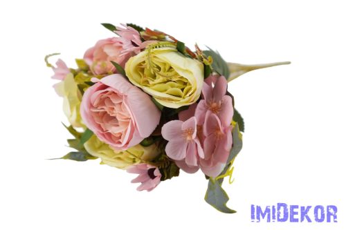 Peónia + hortenzia 6 ágú selyemvirág csokor 31cm - Zöld-Rózsaszín