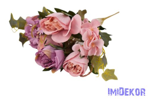 Peónia + hortenzia 6 ágú selyemvirág csokor 31cm - Mályva-Rózsaszín