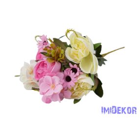   Peónia + hortenzia 6 ágú selyemvirág csokor 31cm - Krém-Rózsaszín
