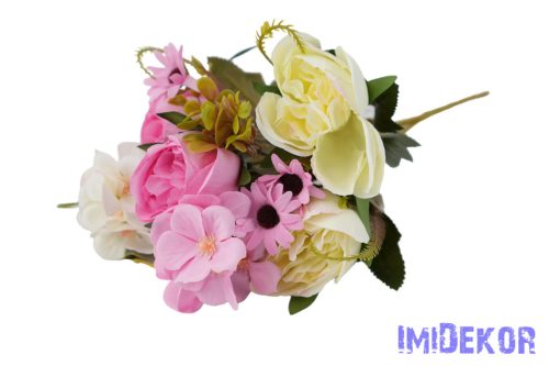 Peónia + hortenzia 6 ágú selyemvirág csokor 31cm - Krém-Rózsaszín