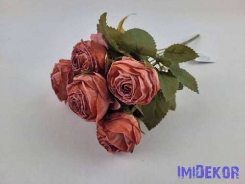 Szárazhatású gömbölyded 6 ágú rózsa csokor 30cm - Korall