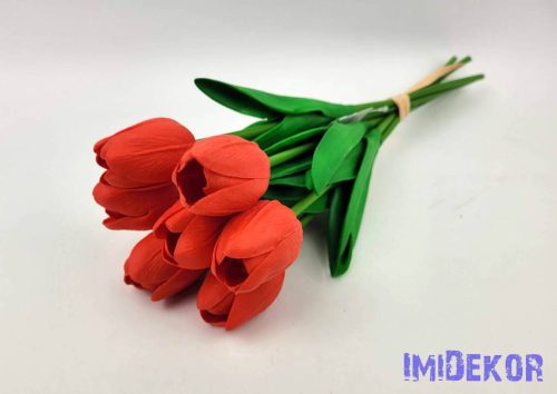 Tulipán gumis 7 szálas kötegelt csokor 33 cm - Piros