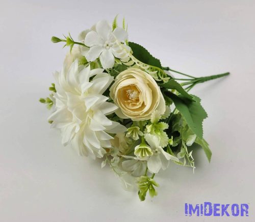 Vegyes bogi+dália+kis virágos 7 ágú csokor 35 cm - Fehér
