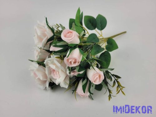 Rózsa + bimbó 7 ágú selyem csokor 31 cm - Babarózsaszín