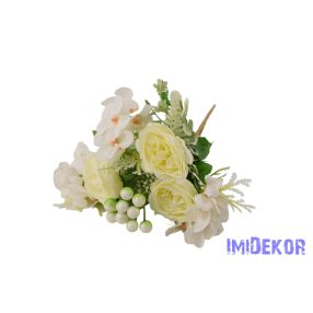   Peónia + hortenzia 7 ágú selyem csokor bogyóval 32cm - Törtfehér