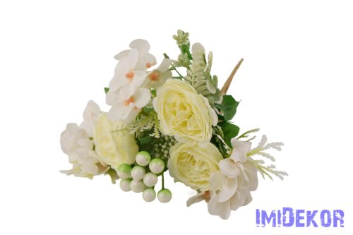 Peónia + hortenzia 7 ágú selyem csokor bogyóval 32cm - Törtfehér