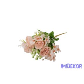   Peónia + hortenzia 7 ágú selyem csokor bogyóval 32cm - Halvány Rózsaszín