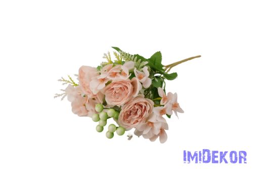 Peónia + hortenzia 7 ágú selyem csokor bogyóval 32cm - Halvány Rózsaszín
