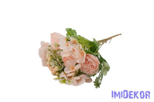 Peónia + hortenzia 7 ágú selyem csokor bogyóval 32cm - Halvány Barackos