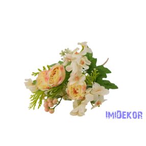   Peónia + hortenzia 7 ágú selyem csokor bogyóval 32cm - Krém-Pink