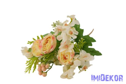 Peónia + hortenzia 7 ágú selyem csokor bogyóval 32cm - Krém-Pink