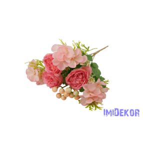   Peónia + hortenzia 7 ágú selyem csokor bogyóval 32cm - Rózsaszín
