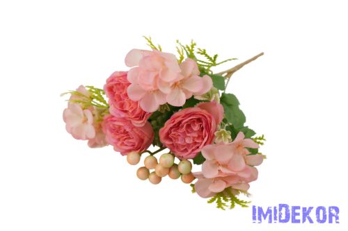 Peónia + hortenzia 7 ágú selyem csokor bogyóval 32cm - Rózsaszín
