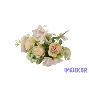   Peónia + hortenzia 7 ágú selyem csokor bogyóval 32cm - Krém-Rózsaszín