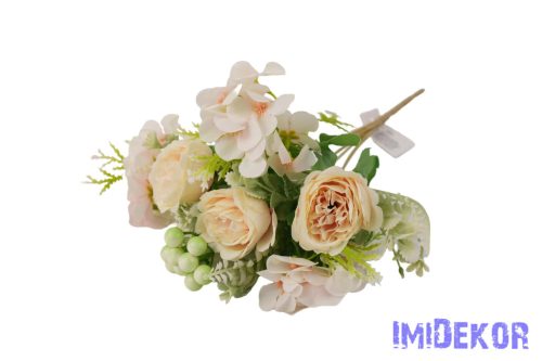 Peónia + hortenzia 7 ágú selyem csokor bogyóval 32cm - Krém-Rózsaszín