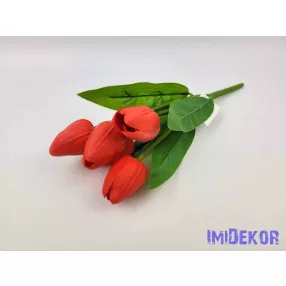 Tulipán 5 ágú gumis fejű csokor 29 cm - Piros