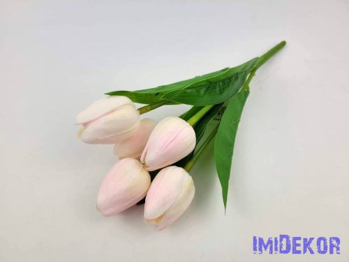 Tulipán 5 ágú gumis fejű csokor 29 cm - Halvány Rózsaszínes