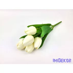 Tulipán 5 ágú gumis fejű csokor 29 cm - Törtfehér