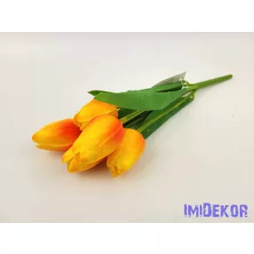 Tulipán 5 ágú gumis fejű csokor 29 cm - Piruló Narancs