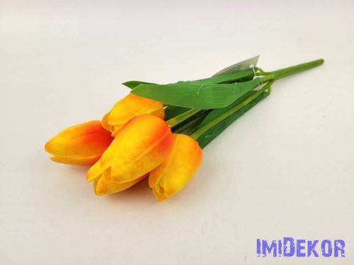 Tulipán 5 ágú gumis fejű csokor 29 cm - Piruló Narancs