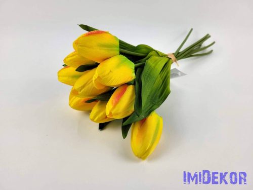 Tulipán 9 szálas kötegelt selyem csokor 40 cm - Sárga