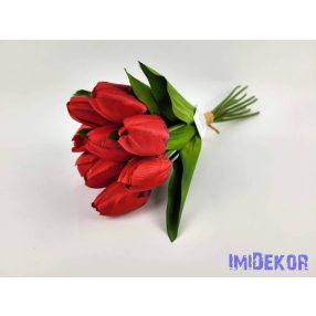 Tulipán 9 szálas kötegelt selyem csokor 40 cm - Piros