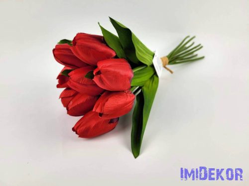 Tulipán 9 szálas kötegelt selyem csokor 40 cm - Piros