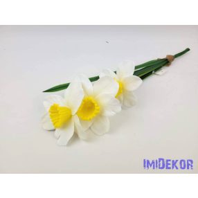Nárcisz 3 ágú gumis-selyem csokor 43 cm - Fehér-Sárga