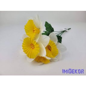   Nárcisz nagyfejű 6 ágú selyem csokor 40cm - Fehér-Sárga