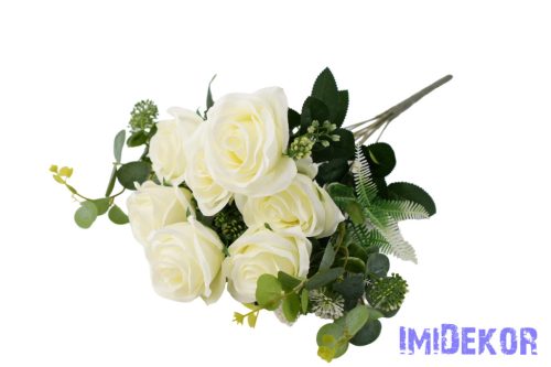 Rózsa 10 ágú selyemvirág csokor 47cm - Krém