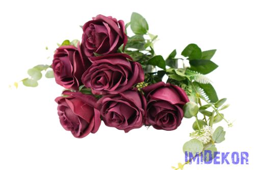 Rózsa 10 ágú selyemvirág csokor 47cm - Bordó