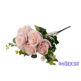 Rózsa 10 ágú selyemvirág csokor 47cm - Krém-Rózsaszín