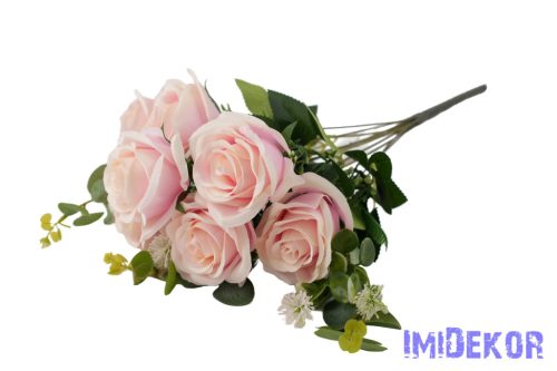 Rózsa 10 ágú selyemvirág csokor 47cm - Krém-Rózsaszín