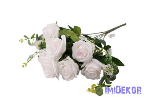 Rózsa 10 ágú selyemvirág csokor 47cm - Fehér-Fehér-Rózsaszín
