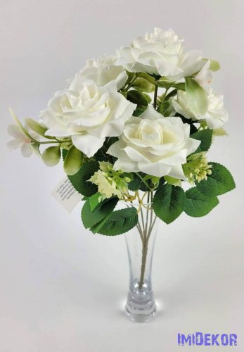 Rózsa 6 ágú selyemvirág csokor 29 cm - Fehér
