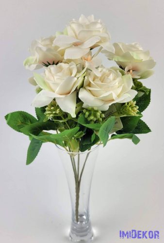 Rózsa 6 ágú selyemvirág csokor 29 cm - Krém