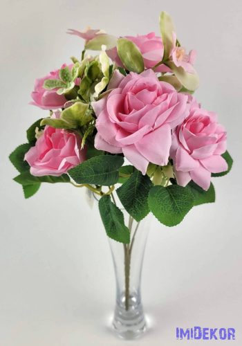 Rózsa 6 ágú selyemvirág csokor 29 cm - Babarózsaszín