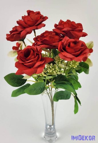 Rózsa 6 ágú selyemvirág csokor 29 cm - Piros