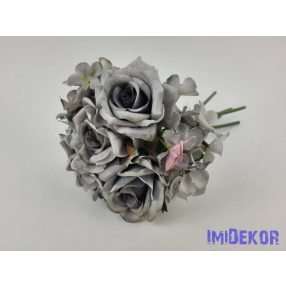   Rózsa + hortenzia 7 szálas kötegelt csokor 29 cm - Szürke