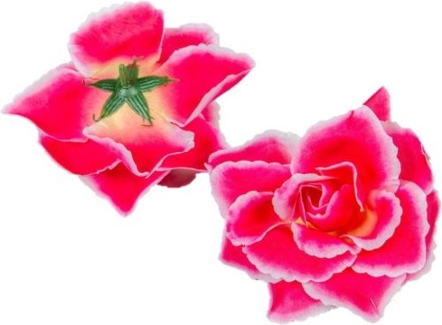 Rózsa nyílott selyemvirág fej nyílt rózsafej 10 cm - Pink-Fehér cirmos szélű