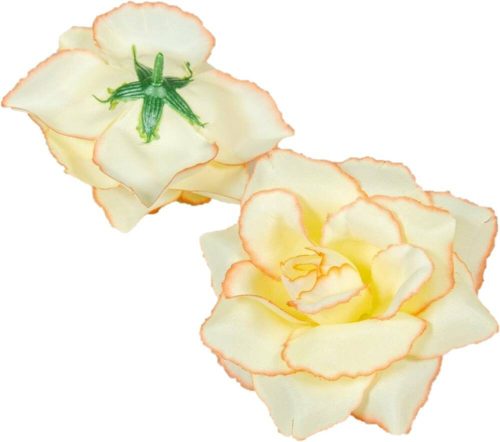 Rózsa nyílott selyemvirág fej nyílt rózsafej 10 cm - Krém-Barack cirmos szélű