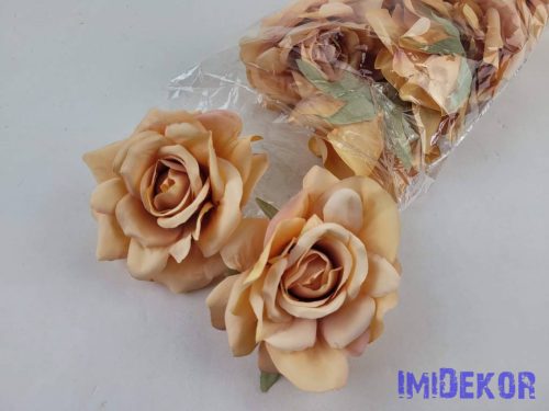 Rózsa selyemvirág fej nyílott 10 cm 911 - Krém-Narancs