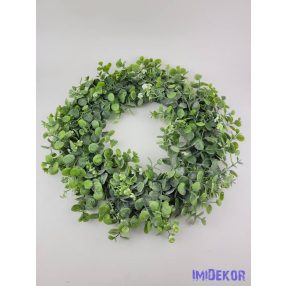   Kócos kis eukaliptuszos hamvas műzöld koszorú virággal 45cm