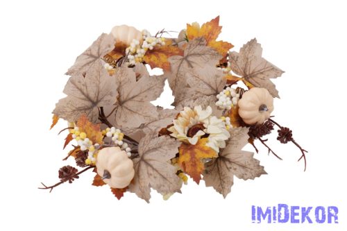 Tökös fehér bogyós koszorú bársony virággal 32cm