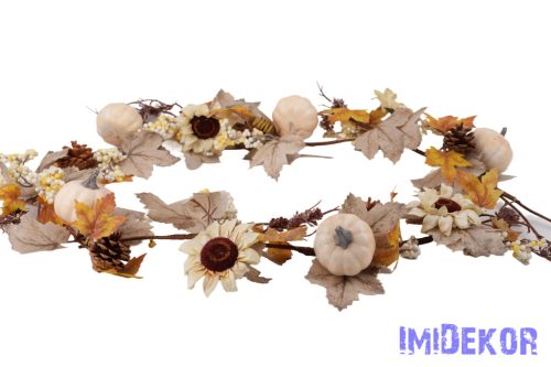 Tökös-tobozos fehér bogyós girland bársony virággal 160cm