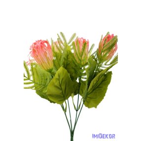   Korallféle műzöld selyem leveles 5 ágú bokor 34cm - Rózsaszín